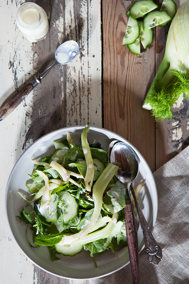 Green Salad with grilled Fennel and Ginger Skyr Dressing