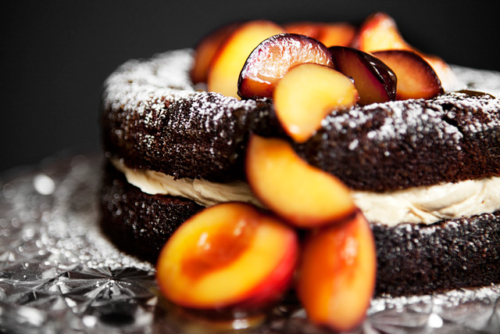 Chocolate Cake with Salted Caramel Frosting and Poached Plums – Recipe