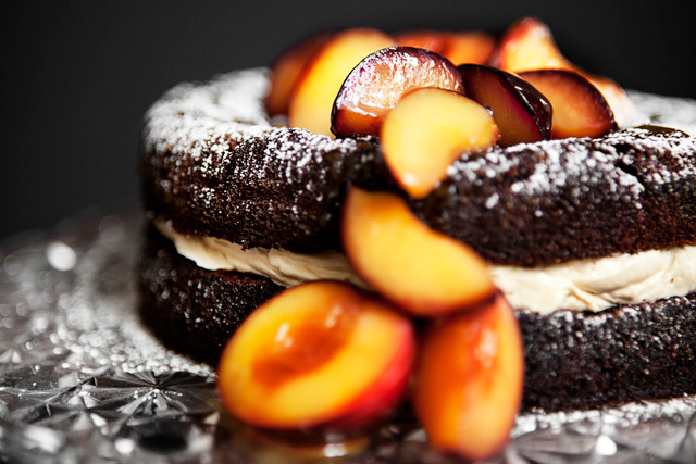 Chocolate Cake with Salted Caramel Frosting and Poached Plums - Recipe