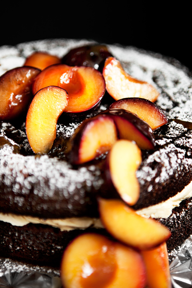 Chocolate Cake with Salted Caramel Frosting and Poached Plums - Recipe