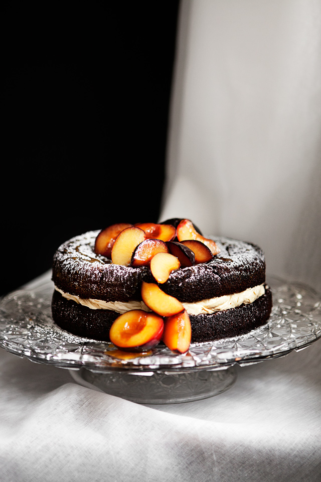 Chocolate Cake with Salted Caramel Frosting and Poached Plums - Recipe