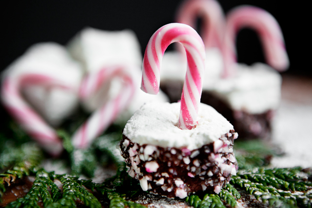 Homemade Marshmallow with dark chocolate and candy cane crunch.